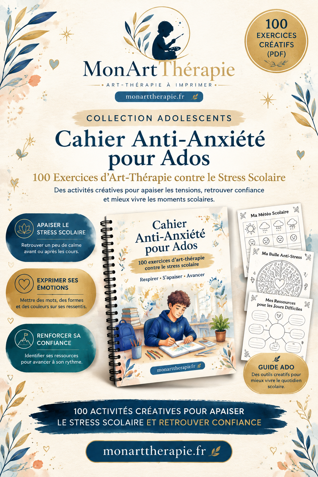 Cahier Anti-Anxiété pour Ados – 100 Exercices d'Art Thérapie contre le Stress Scolaire